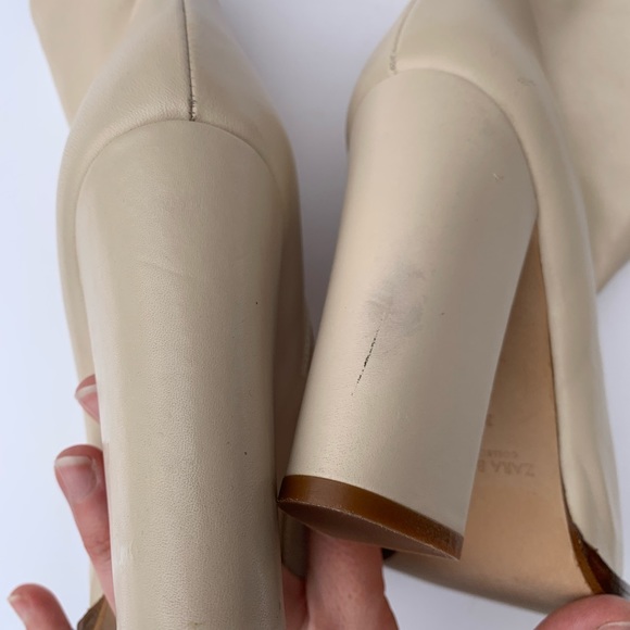 Zara Leather Cream Colored Block Heeled Ankle Boot - Picture 4 of 8